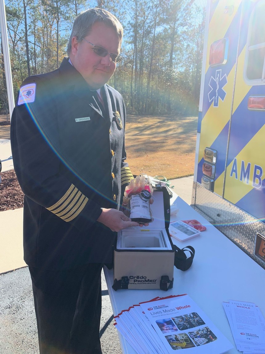 Onslow County EMS Division Head David Grovdhal displays a bag of whole blood. (Photo/Onslow County EMS)