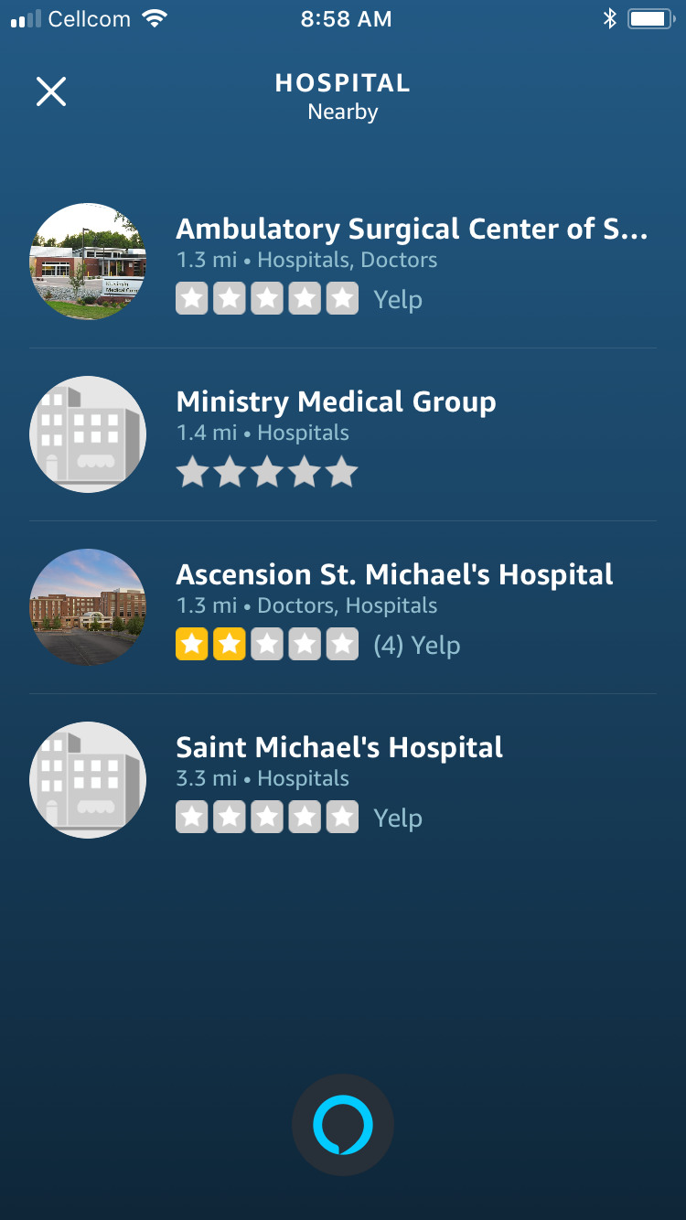 When I asked Alexa where the nearest hospital was, the top result was an ambulatory surgery center and the other results were the same facility.