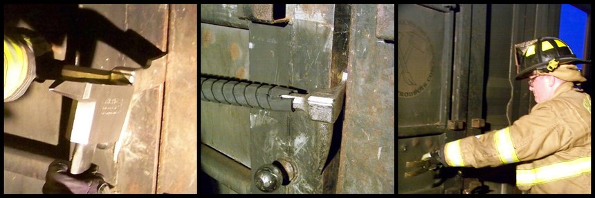 Figures 8-10 (left to right): Figure 8: Drive the adz in until it hits the door jamb or you feel it is at the appropriate depth; Figure 9: Drive the entire blade of the adz in until it is no longer visible; Figure 10: Pull the fork end away from the door, applying leverage to the adz and forcing the door.