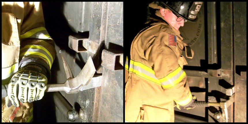 Figures 12 (left): Using the Halligan as a striking tool, simply drive the wedge between the door and the door frame until a desired gap is achieved; Figure 13 (right): You can increase the size of your gap up to 2 inches, if the door and door frame allow, by cranking up or down on the fork end of Halligan and advancing the wedge deeper into the door as you increase gap with the adz.
