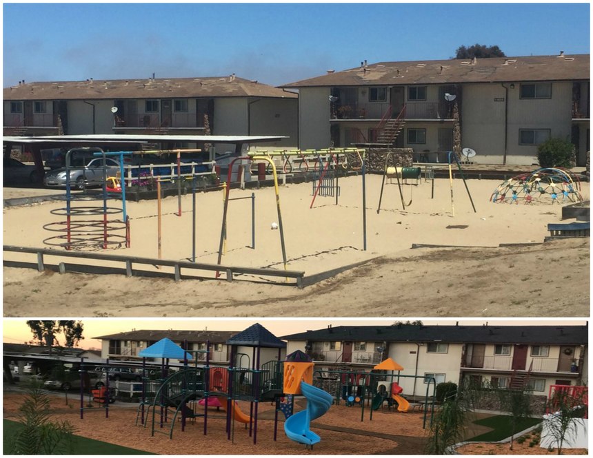 Before and after photos of the Del Monte Manor playground.