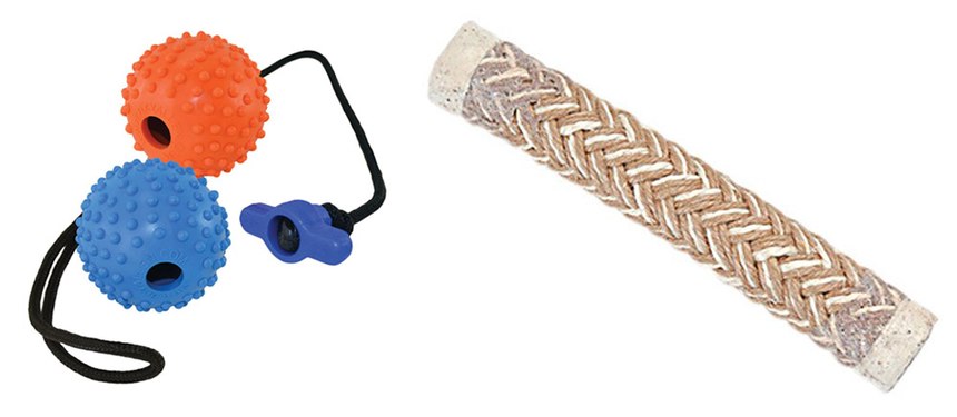 The ball on a rope is meant to be a reward or toy and should not be used as a tug. Jute makes a durable tug, but do not leave your dog unattended to chew these toys.