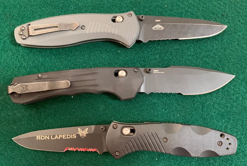 Top to bottom: Barrage with G10 scales, Vallation, Barrage with plastic scales.
