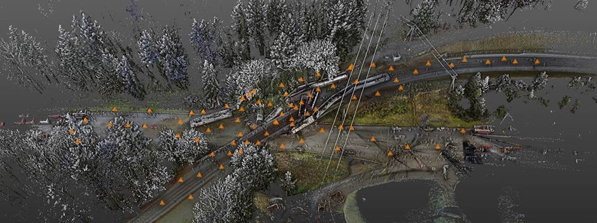Detective Eric Gunderson integrated scanning data and UAV photos to create a 3D point cloud of the incident scene. In this view, orange markers indicate the location of each of the 82 set ups taken with the Trimble TX5.