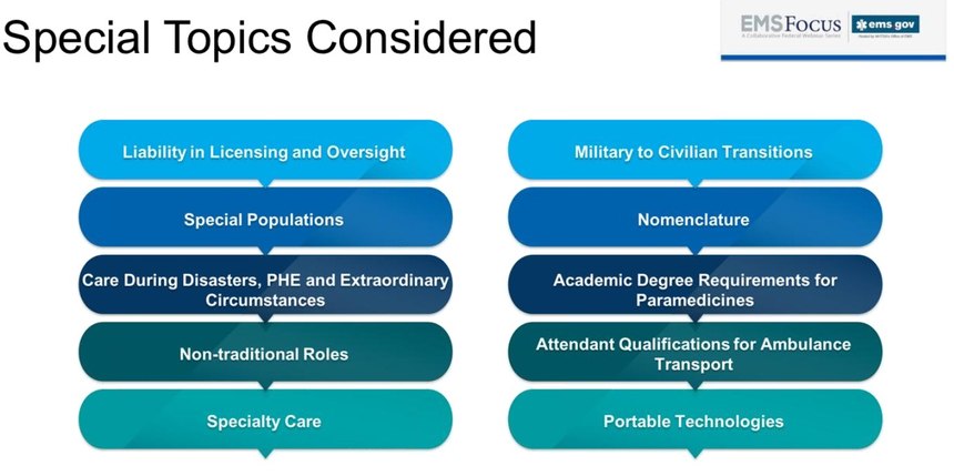 The expert panel discussed these special topics, but did not change the four levels of EMS providers: EMR, EMT, AEMT and paramedic.