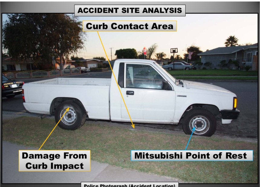 A demonstrative photo by Landerville showing the point of rest of the Mitsubishi pickup after Wyatt crashed the minivan into it. Photo courtesy of Anaheim City Attorney’s Office.