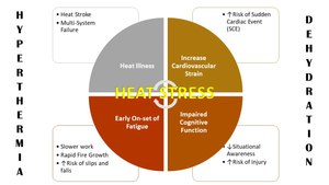 Figure 2. Hyperthermia and Dehydration, also known as the terrible twins of firefighter heat stress can cause a myriad of physiological and behavioral problems for firefighters. Original graphic by Robert Avsec