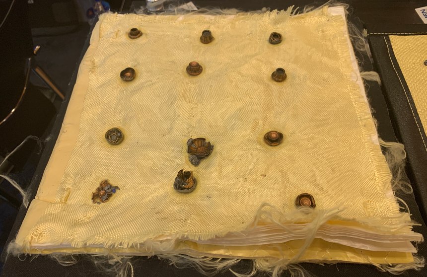Multiple layers of different materials that stopped an even dozen projectiles.