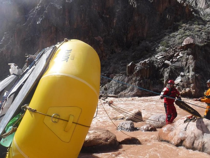 Mechanical advantage rope system used to flip over an upside-down raft. (Photo/Courtesy of the National Park Service)