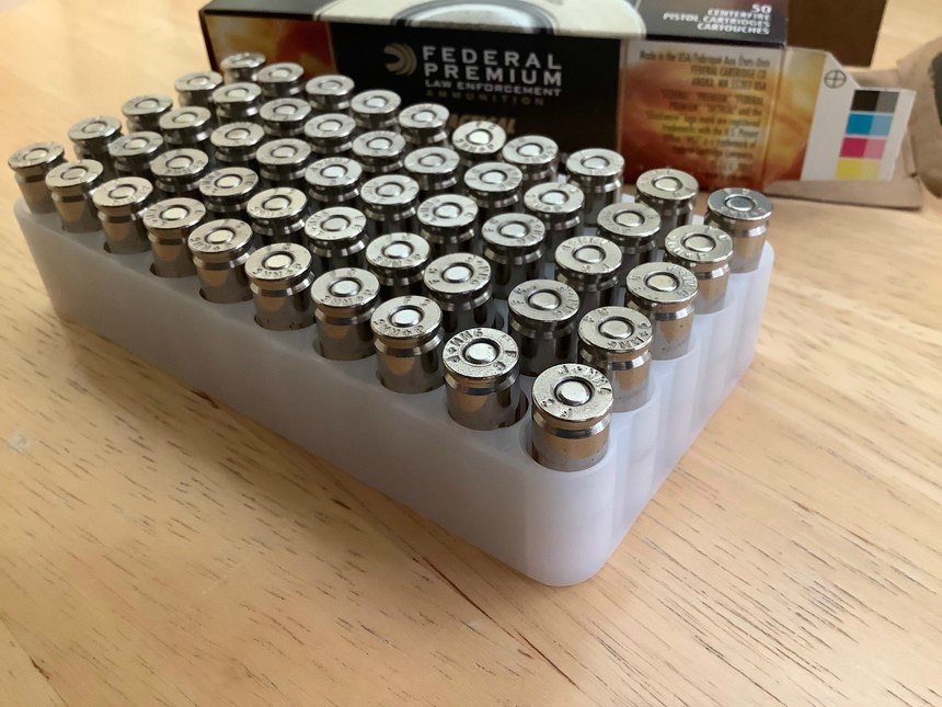 It’s easier to detect possible flaws when you inspect the ammunition as a group. Look here for backwards or missing primers, damaged case heads or rims, and missing extractor grooves.