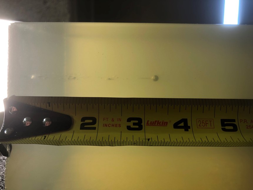 This is a calibration BB fired into one of the 10% organic gelatin blocks. The penetration of this BB falls between FBI specifications of 2.95 inches to 3.74 inches, as it should.