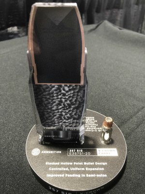The Sig Sauer V-Crown jacketed hollowpoint is designed for controlled expansion and penetration. Shown here is a model of the V Crown Carry load in .357 Sig.