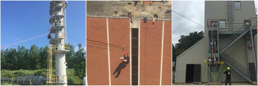 There are many ways to conduct rope-rescue training, like using a rope course at a joint venture training ground designed for emergency services and oil and gas operators (left), working at existing municipal buildings for advanced rope training (center), and using of a fire-based training tower (right).