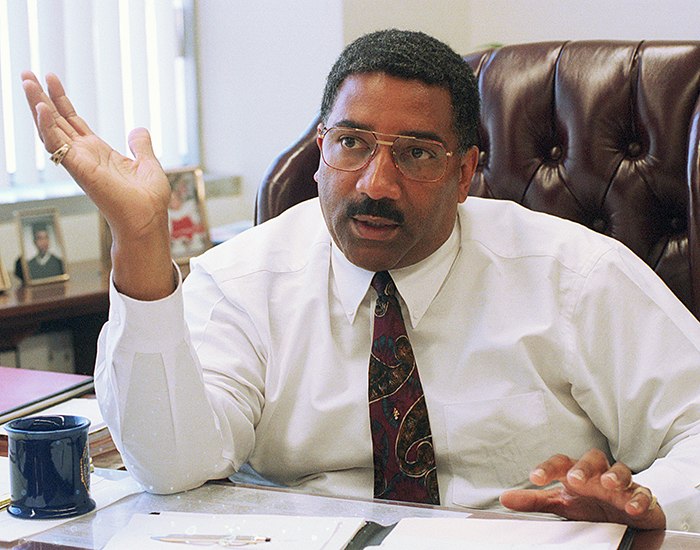 This March 30, 1995 photo shows then-Los Angeles Police Chief Willie L. Williams in his office at police headquarters in Los Angeles.